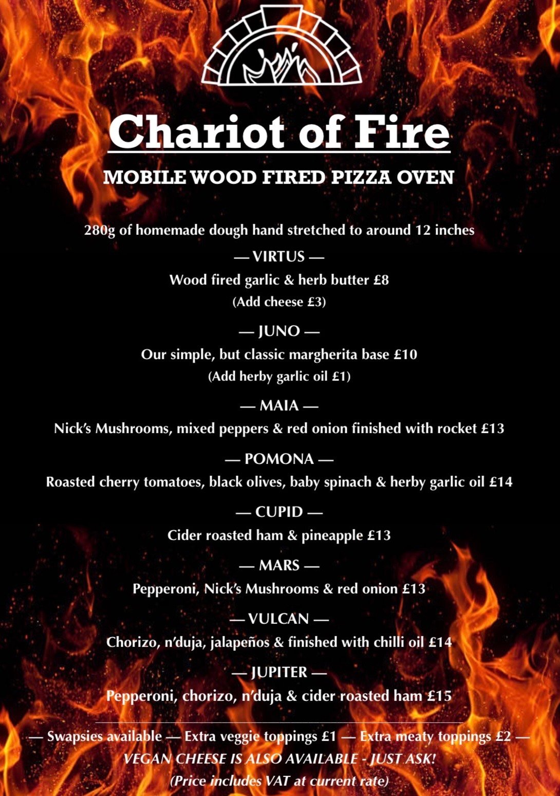 Chariot of Fire Pizza Menu